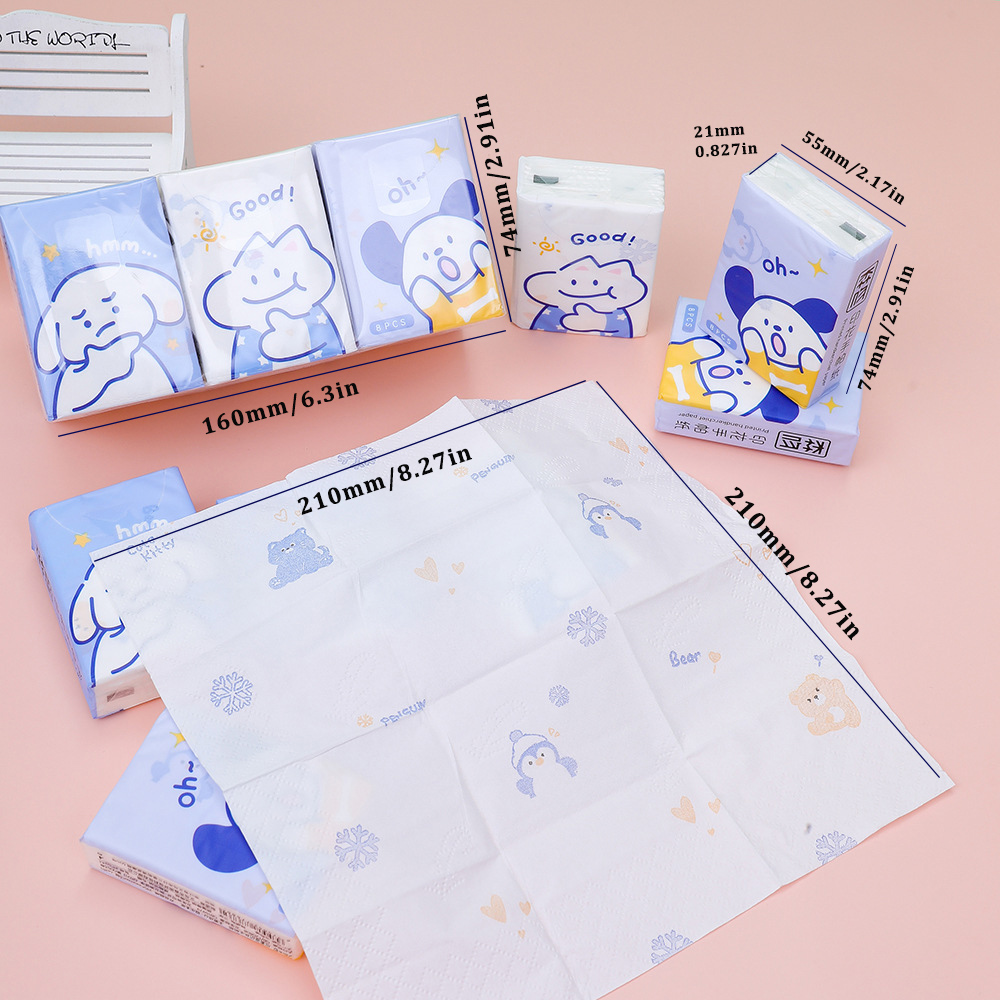 Dog cartoon printed handkerchief paper - Specification: 210×210 mm, three-layer thickened 8 pieces per pack. Compact and portable mini pocket tissue that doesn't shed paper scraps details Picture