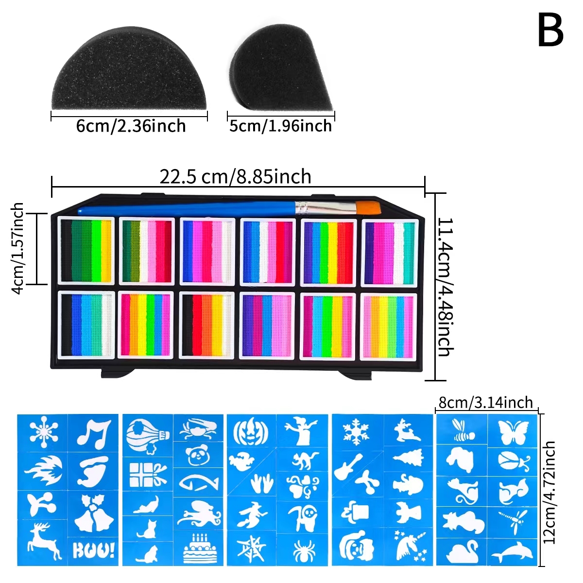Body Painting Palette Set - Including 1 paintbrush + 2 sponges + 5 templates. Halloween Makeup Set Water-based pigments suitable for Halloween role-playing, stage makeup, and masquerade parties Specification image